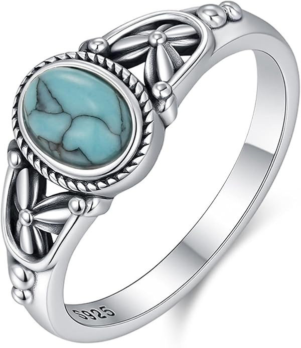 Genuine Turquoise Ring 925 Sterling Silver Celtic Knot/Feather Ring Western Boho Jewelry Native American Gifts for Women7# 8# 9#