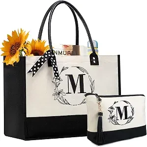 BeeGreen Birthday Gifts for Women Personalized Women's Large Canvas Tote Bag, Embroidered Initials M, Leather Handle