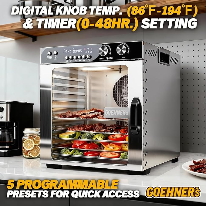 Food Dehydrator Machine | 10 Stainless Steel Trays | Dryer for Jerky, Dog Treats, Herb, Meat, Beef, Fruit | Keep Warm Function, Digital Timer and Temperature