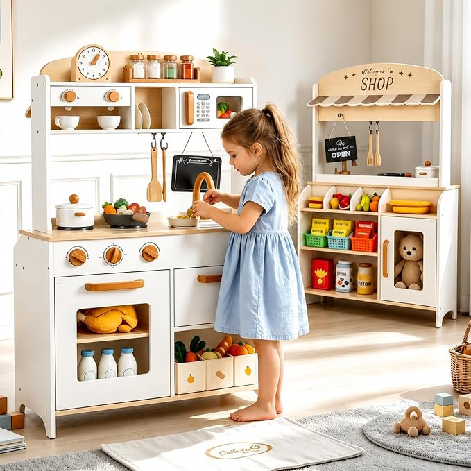 Dual-Sided Play Kitchen for Kids,Toddler Play Store Wooden Toy Kitchen